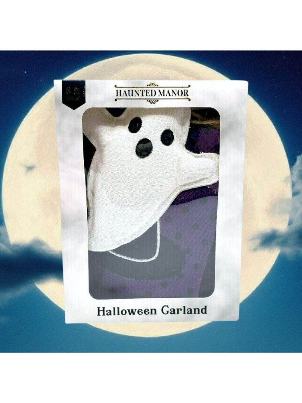 Haunted Manor Halloween Purple Witchs Hat White Ghost Garland Bunting Banner 6ft